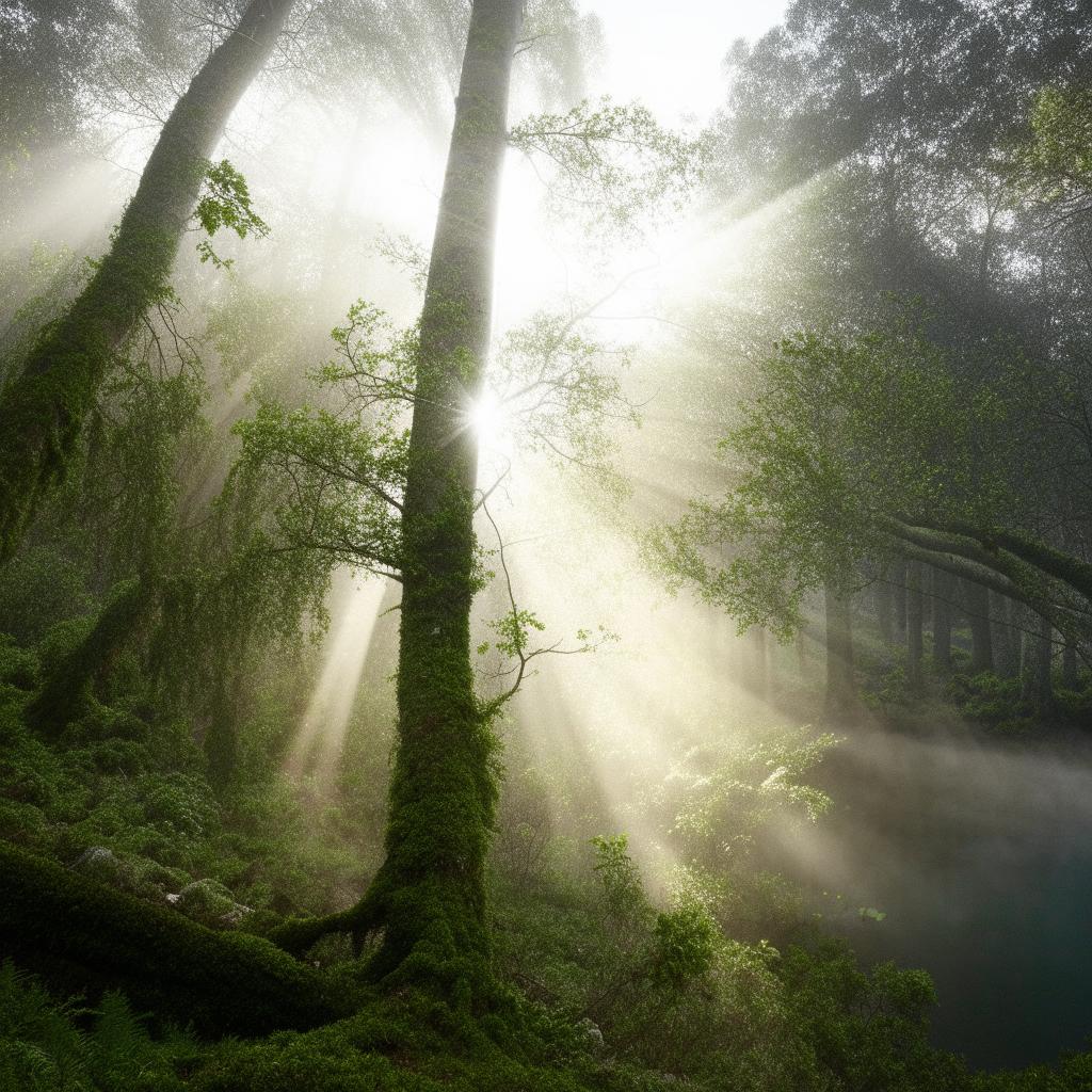 A lush, dense forest with sun rays filtering through early morning mist above a serene lake.