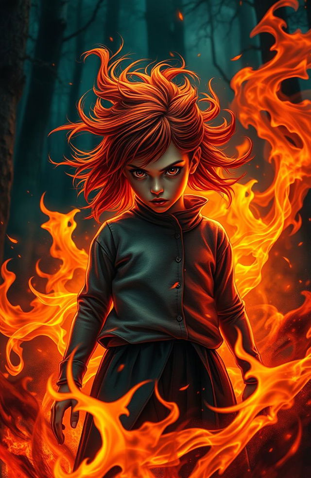 A captivating scene inspired by Stephen King's 'Firestarter' featuring an intense, young girl exhibiting powerful psychic abilities while surrounded by swirling flames