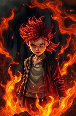 A captivating scene inspired by Stephen King's 'Firestarter' featuring an intense, young girl exhibiting powerful psychic abilities while surrounded by swirling flames
