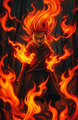 A captivating scene inspired by Stephen King's 'Firestarter' featuring an intense, young girl exhibiting powerful psychic abilities while surrounded by swirling flames