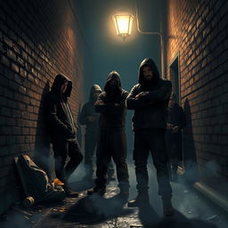 A gritty scene depicting criminals gathered in a dark alleyway, under the dim glow of a flickering streetlight