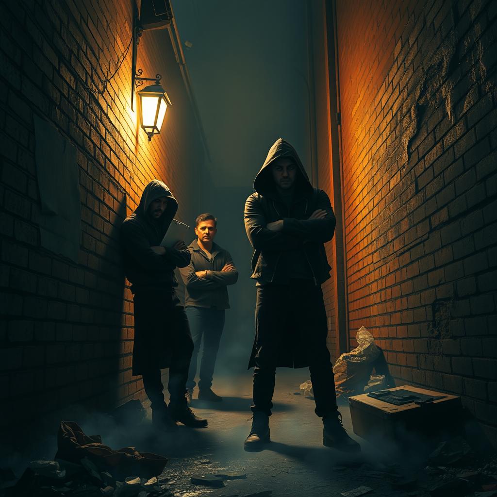 A gritty scene depicting criminals gathered in a dark alleyway, under the dim glow of a flickering streetlight