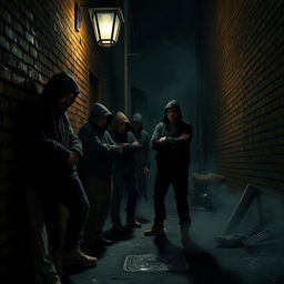 A gritty scene depicting criminals gathered in a dark alleyway, under the dim glow of a flickering streetlight