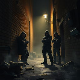 A gritty scene depicting criminals gathered in a dark alleyway, under the dim glow of a flickering streetlight