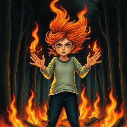 An evocative illustration inspired by Stephen King's 'Firestarter', featuring a young girl with fiery red hair demonstrating her psychic abilities