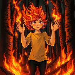 An evocative illustration inspired by Stephen King's 'Firestarter', featuring a young girl with fiery red hair demonstrating her psychic abilities