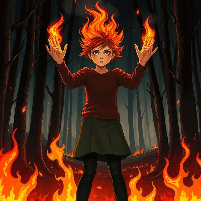 An evocative illustration inspired by Stephen King's 'Firestarter', featuring a young girl with fiery red hair demonstrating her psychic abilities