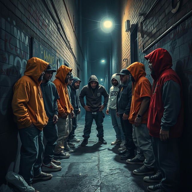 A dynamic and intense portrayal of rival gangs confronting each other in a dark, narrow alleyway