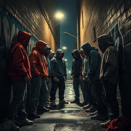 A dynamic and intense portrayal of rival gangs confronting each other in a dark, narrow alleyway