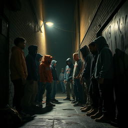 A dynamic and intense portrayal of rival gangs confronting each other in a dark, narrow alleyway