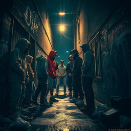 A dynamic and intense portrayal of rival gangs confronting each other in a dark, narrow alleyway