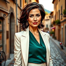 A 39-year-old woman with dark hair and distinct Italian features, fully dressed in a stylish and sophisticated outfit