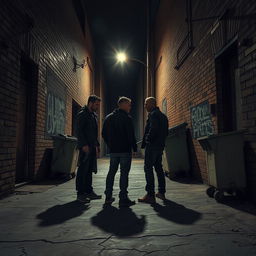 An atmospheric and suspenseful portrayal of criminals in a dark alley, surrounded by the gritty elements of urban life