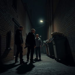 An atmospheric and suspenseful portrayal of criminals in a dark alley, surrounded by the gritty elements of urban life