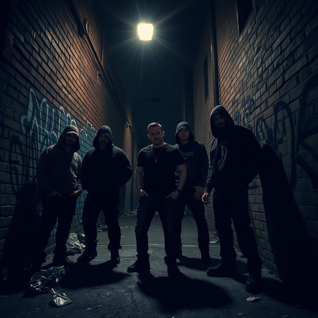 A suspenseful scene depicting a group of bad guys loitering in a dark alley, creating an air of intimidation without any visible weapons