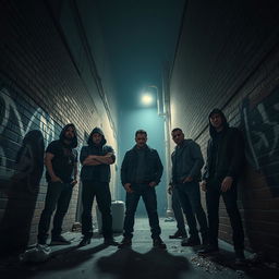 A suspenseful scene depicting a group of bad guys loitering in a dark alley, creating an air of intimidation without any visible weapons