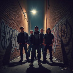 A suspenseful scene depicting a group of bad guys loitering in a dark alley, creating an air of intimidation without any visible weapons