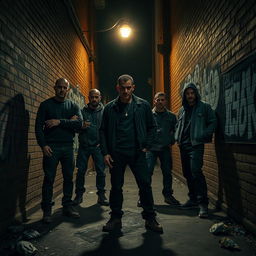 A suspenseful scene depicting a group of bad guys loitering in a dark alley, creating an air of intimidation without any visible weapons