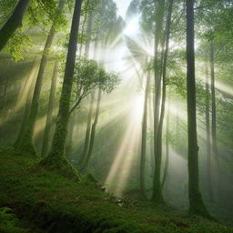 A lush, dense forest with sun rays filtering through early morning mist above a serene lake.