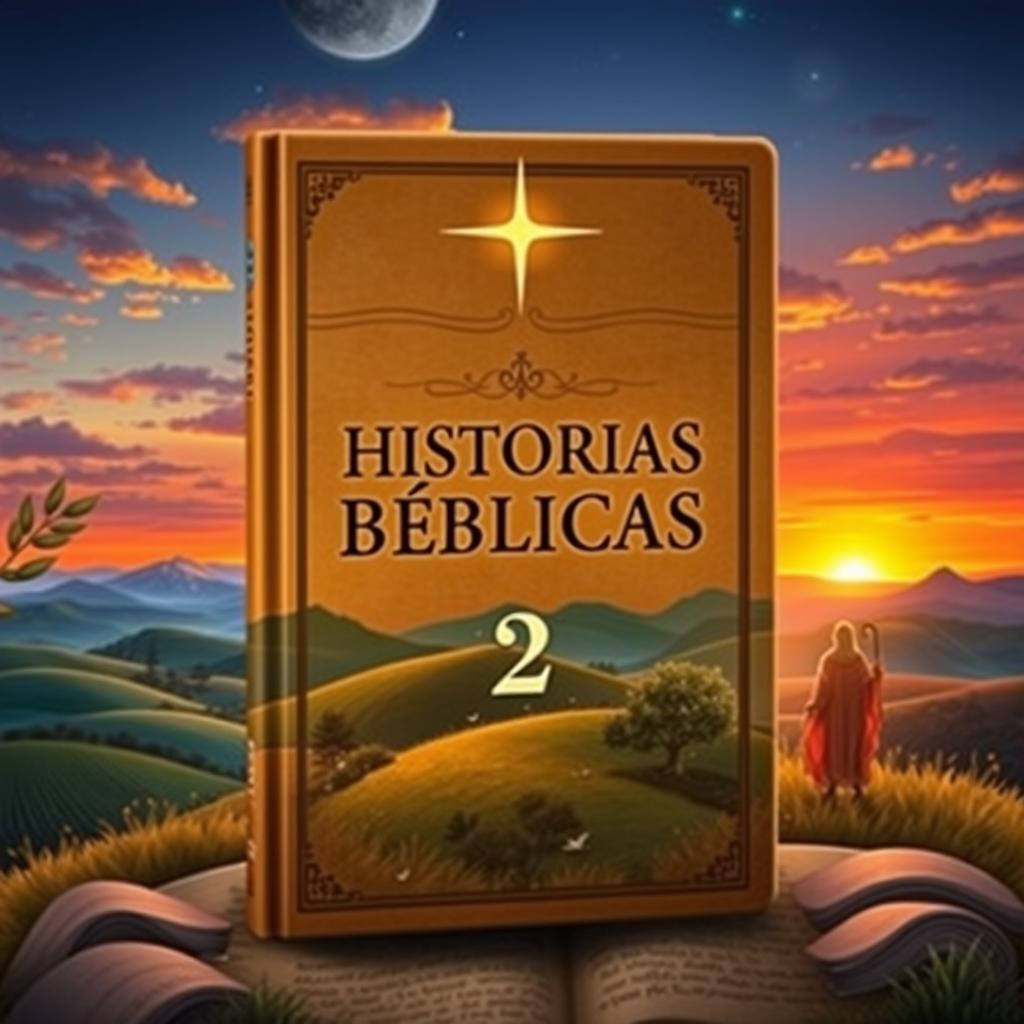 A captivating book cover for 'HISTORIAS BÍBLICAS 2', featuring a beautiful landscape depicting various biblical scenes such as a serene countryside with rolling hills, a vibrant sunset in the background, and symbolic elements like an olive branch and a shining star