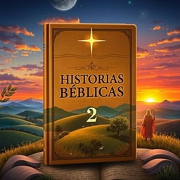 A captivating book cover for 'HISTORIAS BÍBLICAS 2', featuring a beautiful landscape depicting various biblical scenes such as a serene countryside with rolling hills, a vibrant sunset in the background, and symbolic elements like an olive branch and a shining star