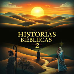 A captivating book cover for 'HISTORIAS BÍBLICAS 2', featuring a beautiful landscape depicting various biblical scenes such as a serene countryside with rolling hills, a vibrant sunset in the background, and symbolic elements like an olive branch and a shining star