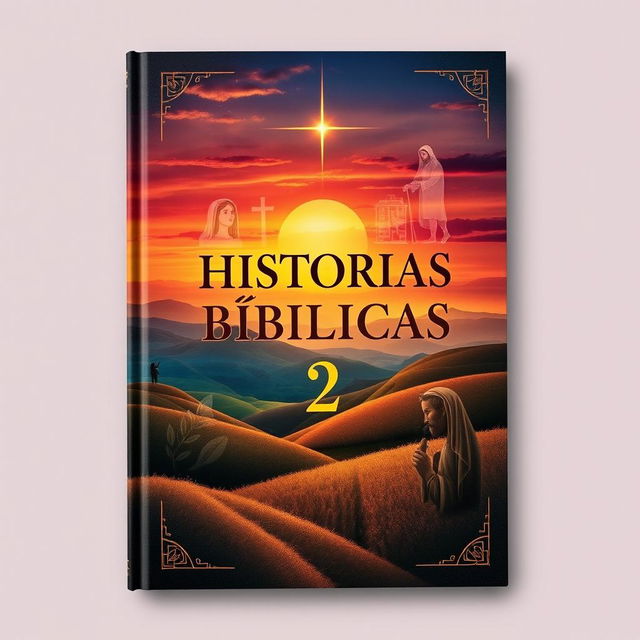 A captivating book cover for 'HISTORIAS BÍBLICAS 2', featuring a beautiful landscape depicting various biblical scenes such as a serene countryside with rolling hills, a vibrant sunset in the background, and symbolic elements like an olive branch and a shining star