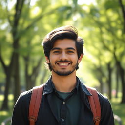 A portrait of a young man, smiling warmly, standing confidently with a casual yet stylish outfit