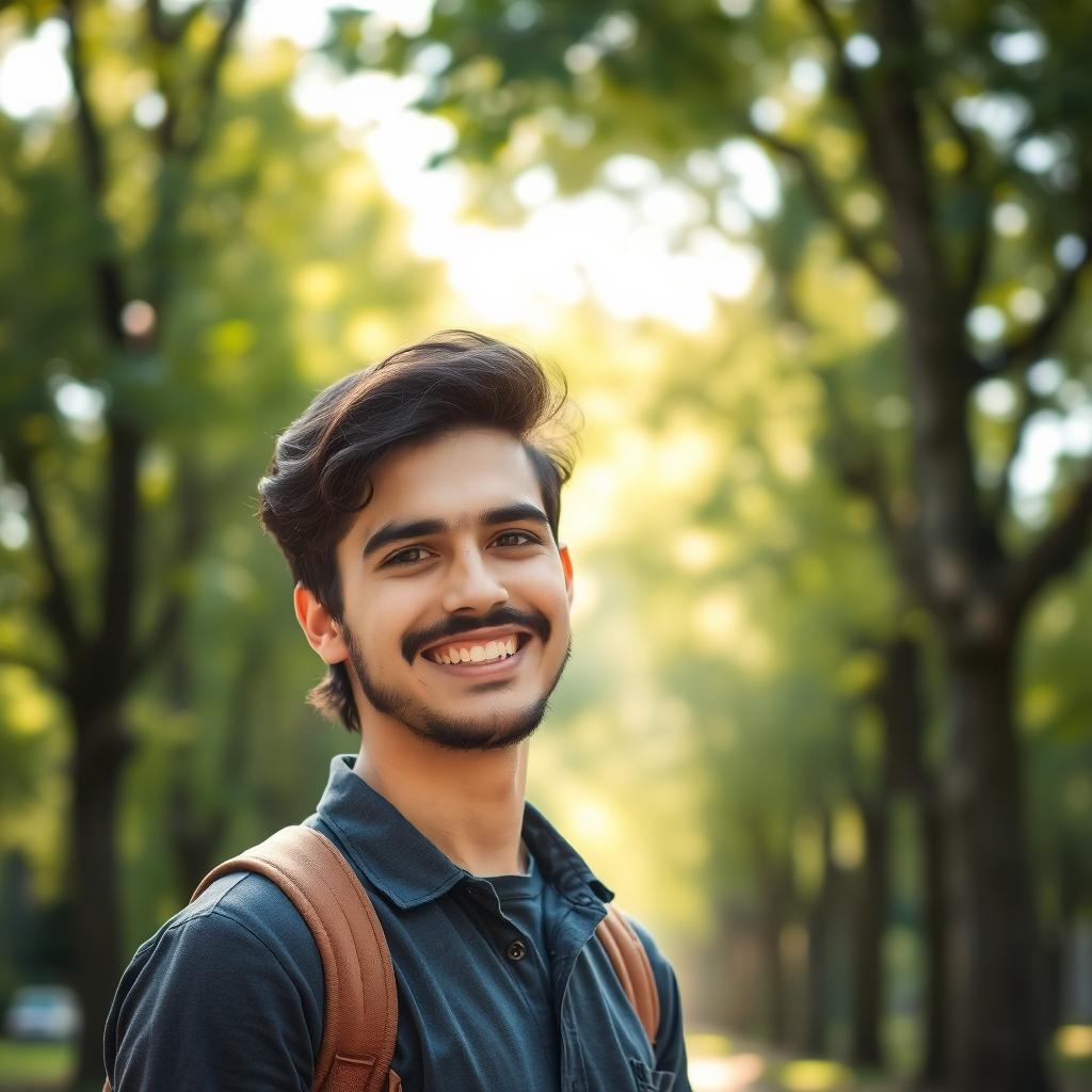 A portrait of a young man, smiling warmly, standing confidently with a casual yet stylish outfit