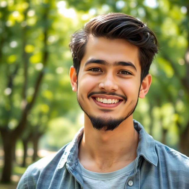 A portrait of a young man, smiling warmly, standing confidently with a casual yet stylish outfit