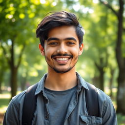 A portrait of a young man, smiling warmly, standing confidently with a casual yet stylish outfit