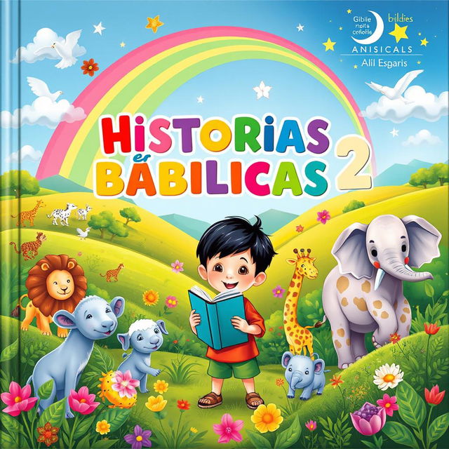 An enchanting children's book cover featuring the title 'HISTÓRIAS BÍBLICAS 2' prominently displayed in colorful, playful typography