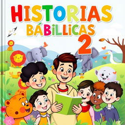 A cheerful and colorful cover for a children's book titled 'HISTÓRIAS BÍBLICAS 2'