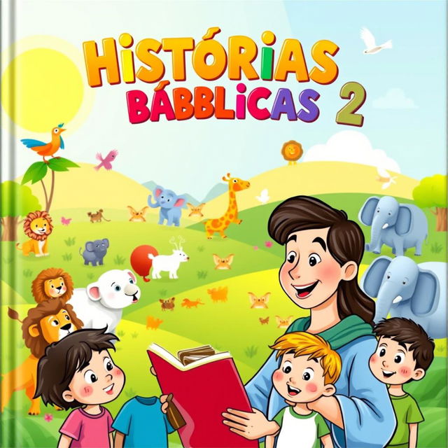 A cheerful and colorful cover for a children's book titled 'HISTÓRIAS BÍBLICAS 2'