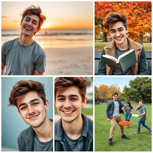 A series of casual portraits of a young man in various settings, exuding charm and confidence