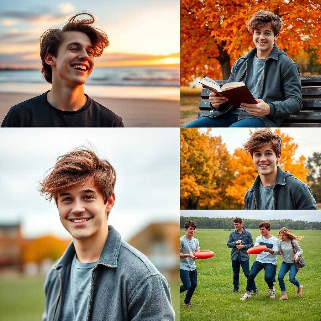 A series of casual portraits of a young man in various settings, exuding charm and confidence