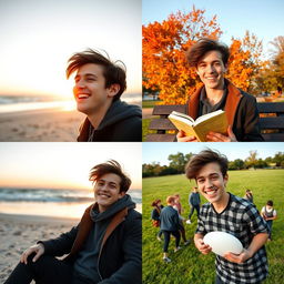 A series of casual portraits of a young man in various settings, exuding charm and confidence