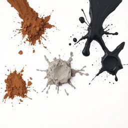 Splashes of dirt, cement, and tar on a white background, creating an abstract and textured visual