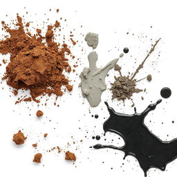Splashes of dirt, cement, and tar on a white background, creating an abstract and textured visual