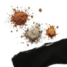 Splashes of dirt, cement, and tar on a white background, creating an abstract and textured visual