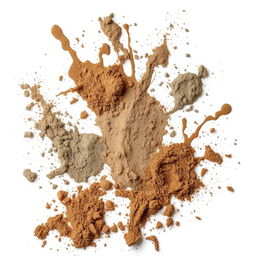 Splashes of mixed dirt and cement on a white background, creating an abstract and textured visual