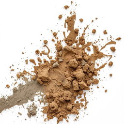 Splashes of mixed dirt and cement on a white background, creating an abstract and textured visual