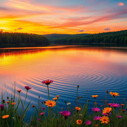 A stunning, hyper-realistic landscape featuring a vibrant sunset over a serene lake surrounded by lush green forest