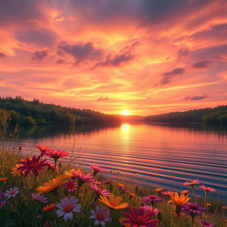 A stunning, hyper-realistic landscape featuring a vibrant sunset over a serene lake surrounded by lush green forest