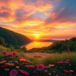 A stunning, hyper-realistic landscape featuring a vibrant sunset over a serene lake surrounded by lush green forest
