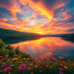 A stunning, hyper-realistic landscape featuring a vibrant sunset over a serene lake surrounded by lush green forest