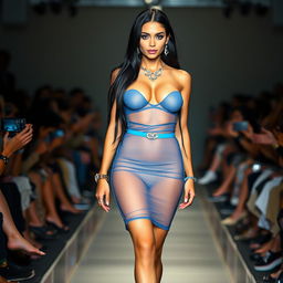 A full-length photograph of a stunning 19-year-old female model with long black hair and captivating crystal blue eyes
