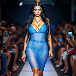 A full-length photograph of a stunning 19-year-old female model with long black hair and captivating crystal blue eyes