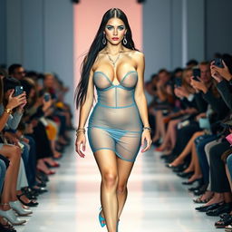 A full-length photograph of a breathtaking 19-year-old female model with pale skin and long black hair
