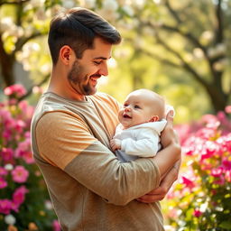 A tender scene of a man lovingly carrying a baby in his arms